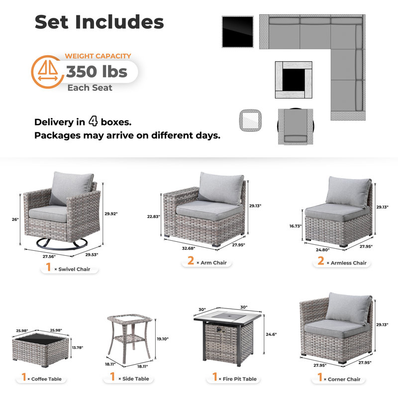 6-person Outdoor Sectional With Cushions,swivel Rockers And Fire Pit,all-weather Wicker Patio Set	, Dark Gray