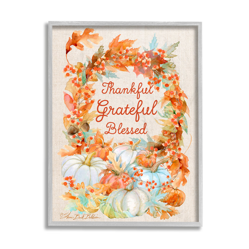 «Thankful Grateful Blessed Text Autumn Harvest» par Sherri Buck Baldwin - reproduction d'art textuel