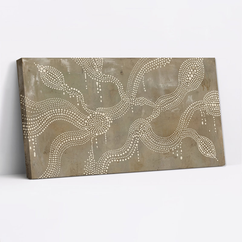 Tableau abstrait à pois blancs sur toile texturée taupe, 58“W x 28”H