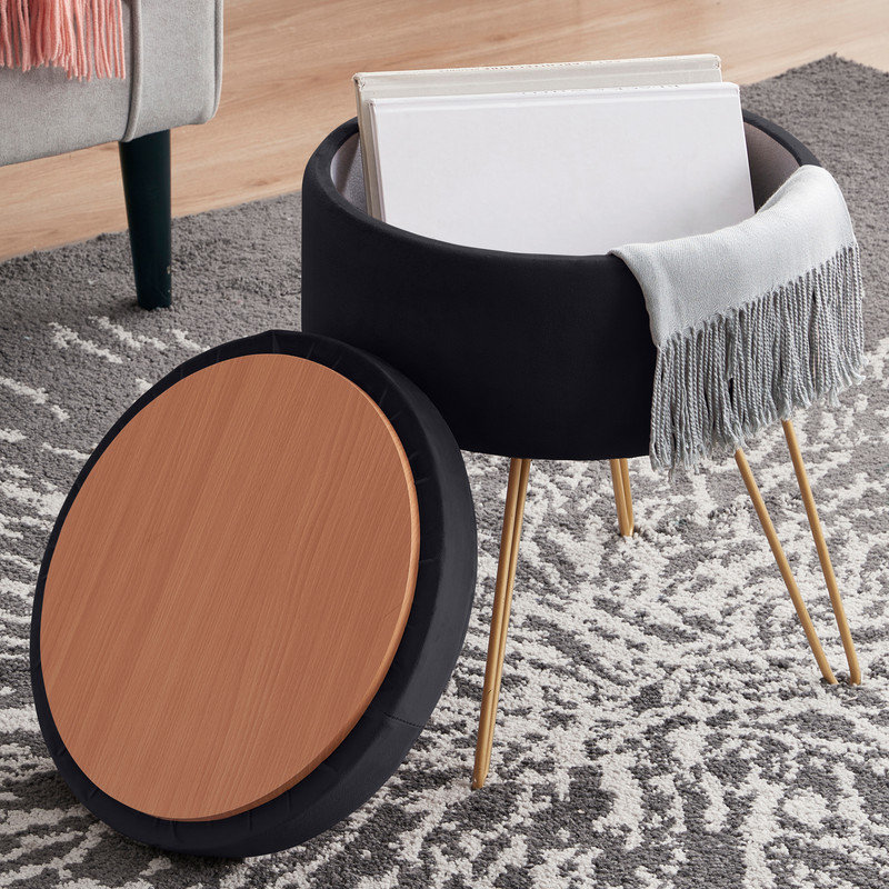 Rhavyn Velvet Ottoman, Black Velvet