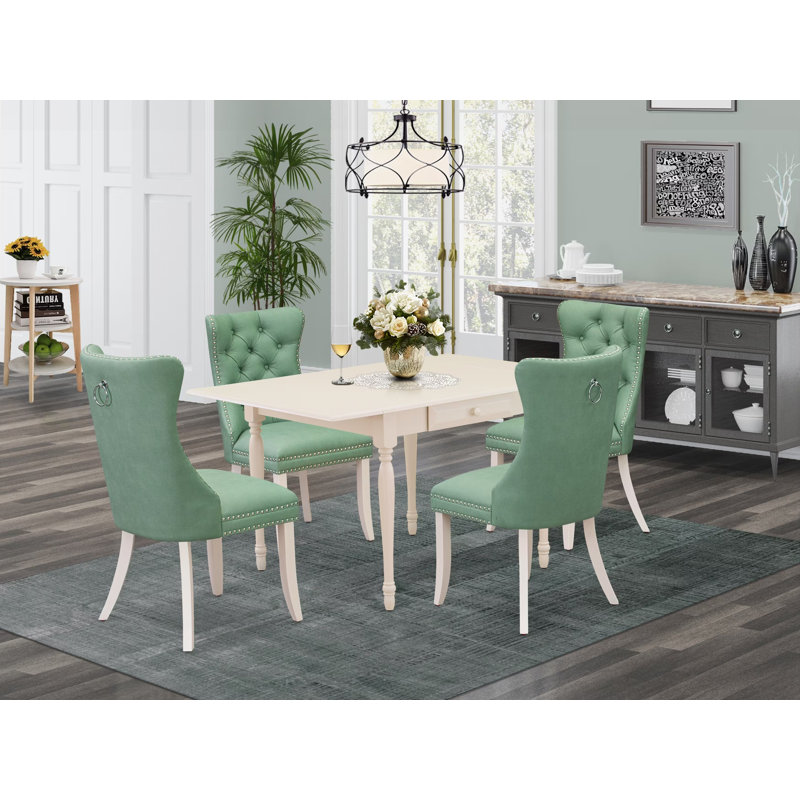 Ensemble de 5 pièces comprenant une table de cuisine rectangulaire avec Dropleaf et 4 chaises rembourrées, Blanc, Vert/blanc
