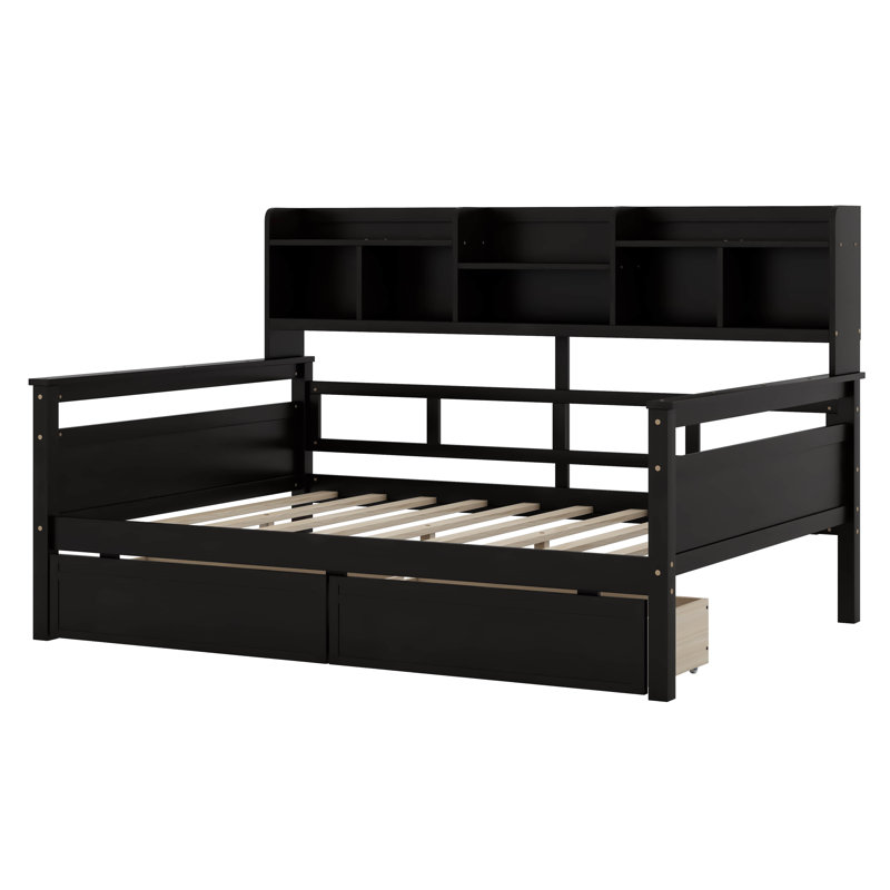 Bookcase Wood Daybed with Bedside Shelf and Two Drawers, Espresso, Full/Double