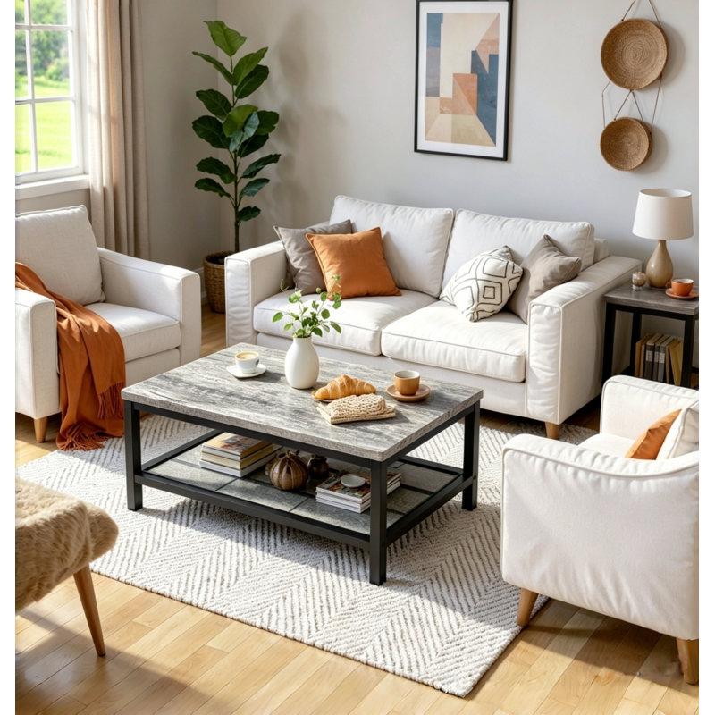 Modern Farmhouse Coffee Table Set Of 3, Rectangular Coffee Table With 2 Square End Side Tables, 2-Tier Living Room Table Set With Metal Frame & Open Shelf For Office, Apartment, Home