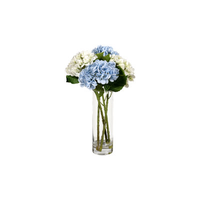 Blue And Green Real-touch Hydrangeas In Tall Glass Vase
