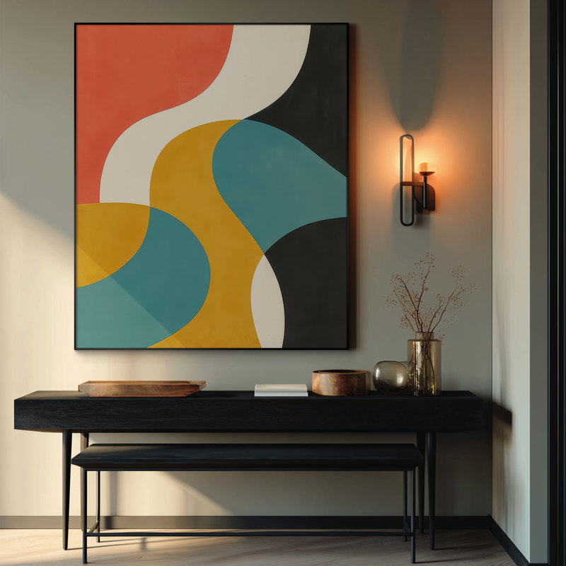 Très grande reproduction d'art sur toile - Motif géométrique incurvé rétro de couleur bleu sarcelle et moutarde pour le salon ou la chambre à coucher - «Assemblage requis du cadre (cadre non fini)»