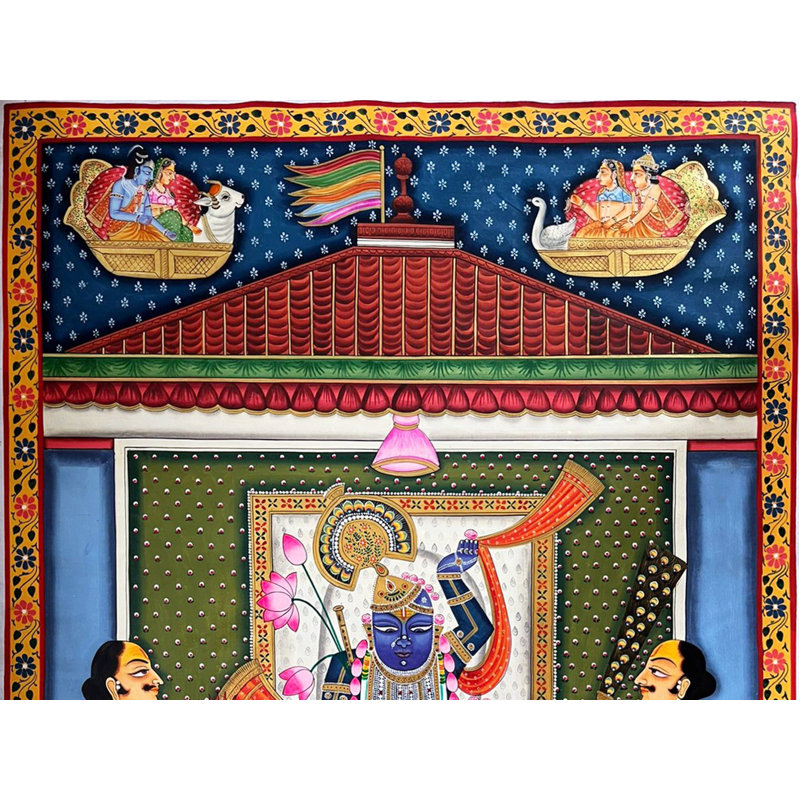 Dieu indou Shrinathji étant vénéré | Art Pichwai | Aquarelle sur coton