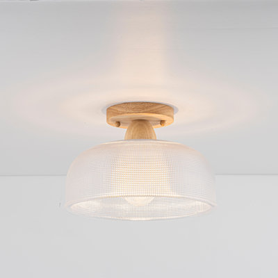 1-Light Bowl Grid Glass Flush Mount with Wood-Textured Finish and Clear Glass Shade