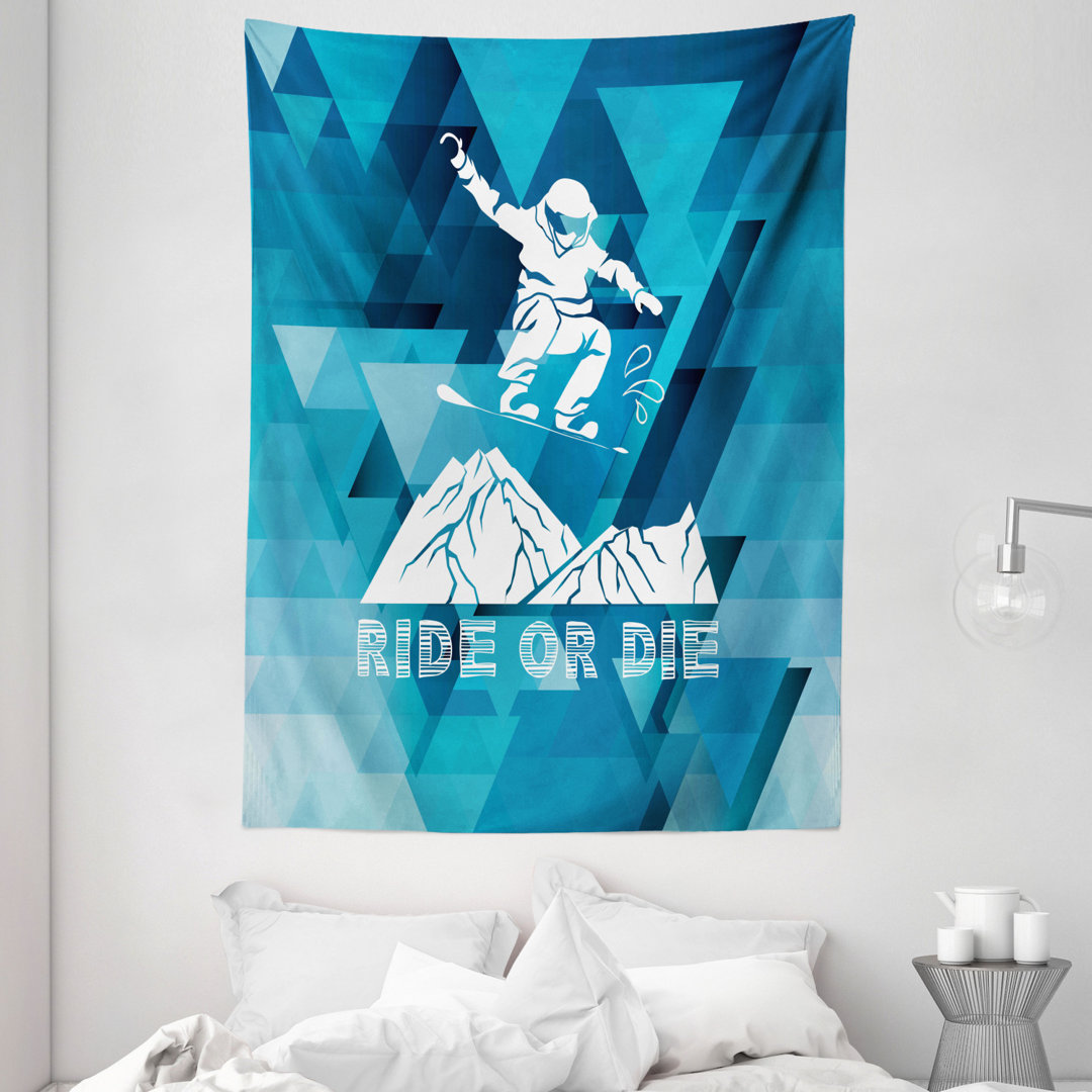 Wandbehang Ride or Die Sketch Letters Backdrop mit Snowboarding Mann