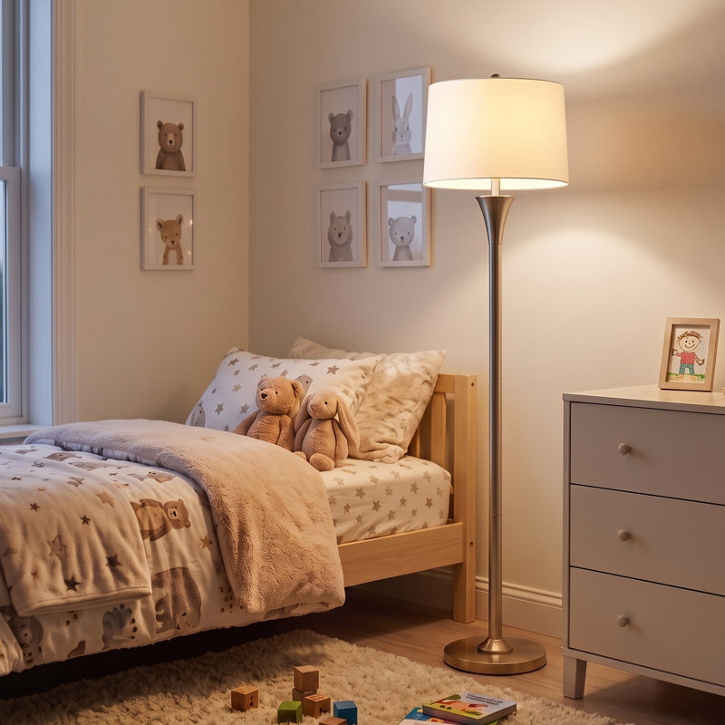 Lampe sur pied 66 "en métal avec abat-jour tambour en tissu, Champagne