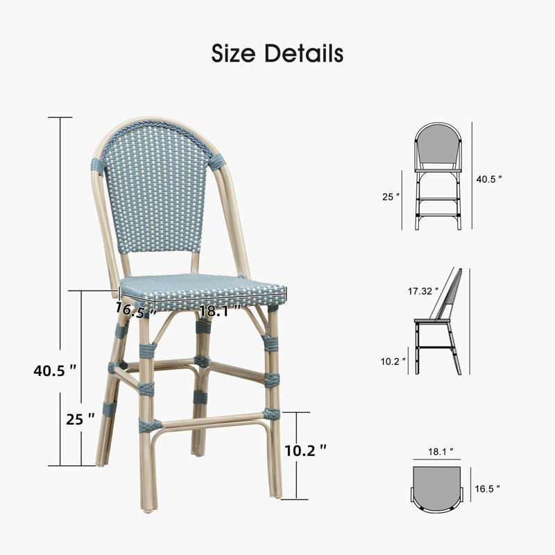 Ensemble de 2 tabourets à hauteur de comptoir et de bar avec dossier en rotin, Bleu clair, 25"