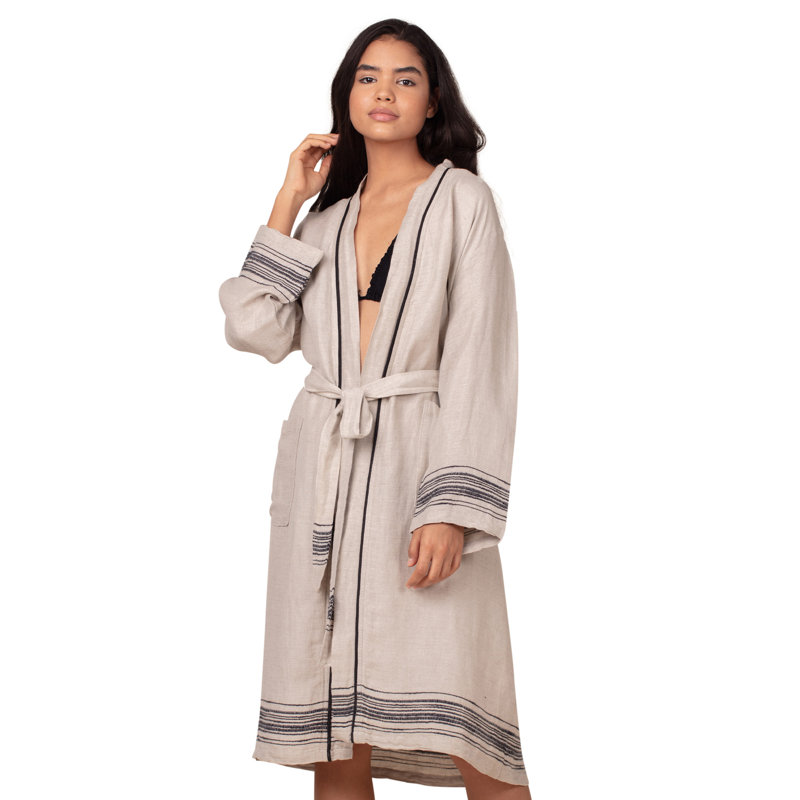 Cotton Blend Mid-Calf Bathrobe with Pockets, 112cm L x 54cm W, Black/Cream