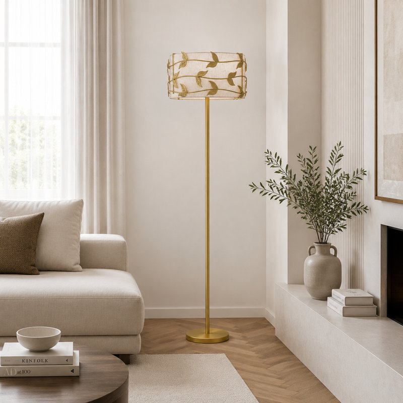 59.8" Modern Floor Lamp with Leaf-Pattern Fabric Shade, Gold