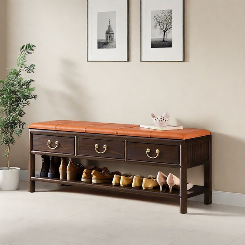47.2in Retro style Shoe Storage Bench, Orange/Dark Walnut