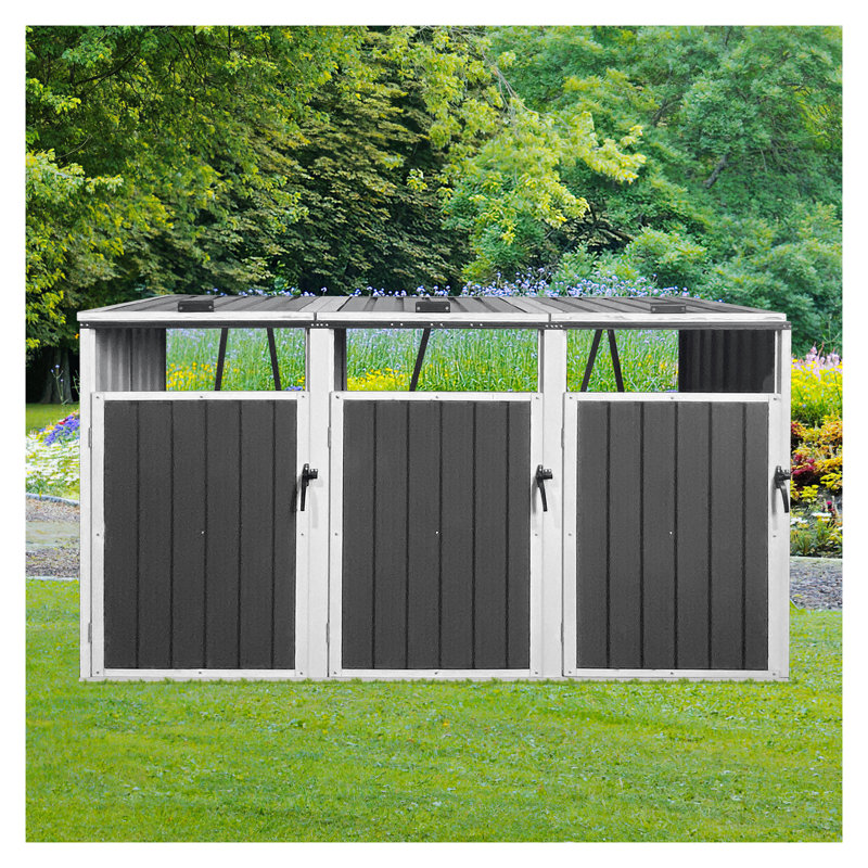 Remise extérieure pour poubelle en métal - Rangement à l'épreuve des intempéries pour 3 poubelles en acier galvanisé, blanc et gris