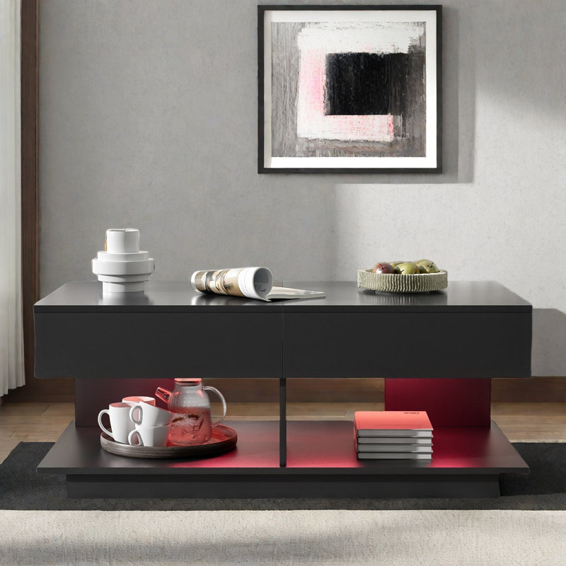Table basse extensible avec plusieurs compartiments de rangement, bande à DEL de 16 couleurs et base robuste, Noir