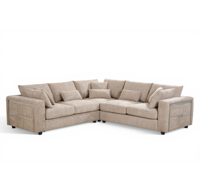 Howser Corner Sofa, Beige - Silver Accents