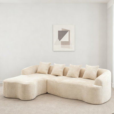 Full Compression L-Shape Sectional Sofa With Curved Chaise, Beige Modular Chenille Couch, High-Density For Apartment Living Room
