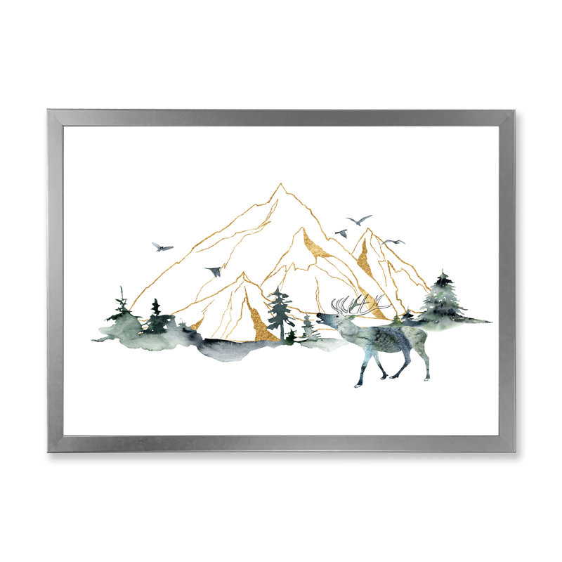 «Minimalistic Landscape of Forest Mountains and Deer», peinture sur toile à cadre flottant, H 12 po x l 20 po x p 1 po