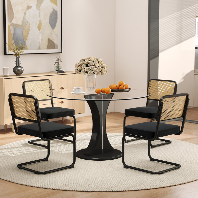 Ensemble de table de salle à manger haute brillance avec chaises en velours, Argenté / Noir