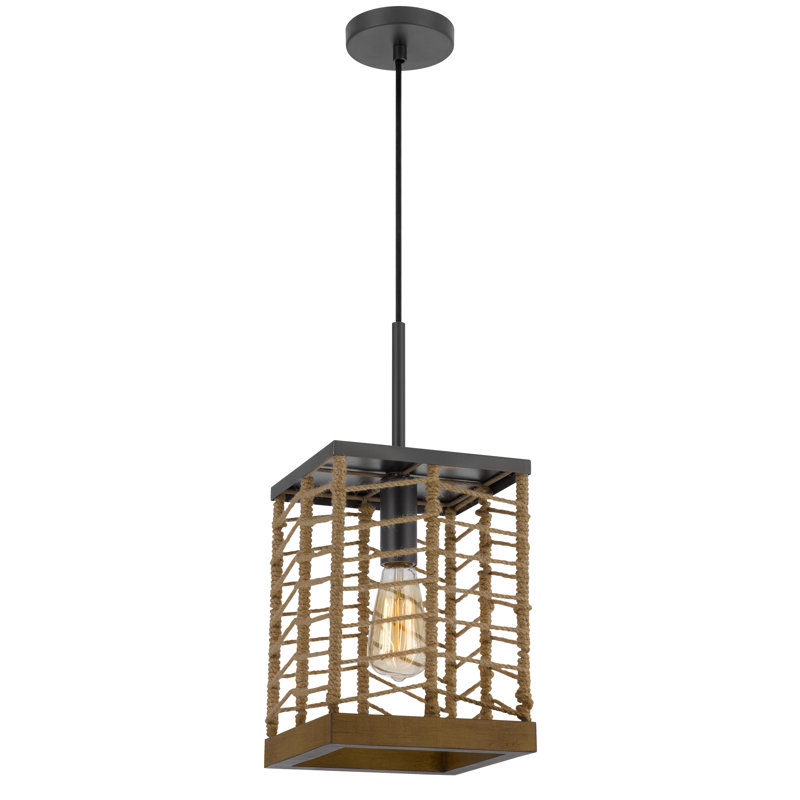 Suspension carrée en métal Winfall 60 W avec bordure inférieure en bois de bouleau et abat-jour en corde de jute