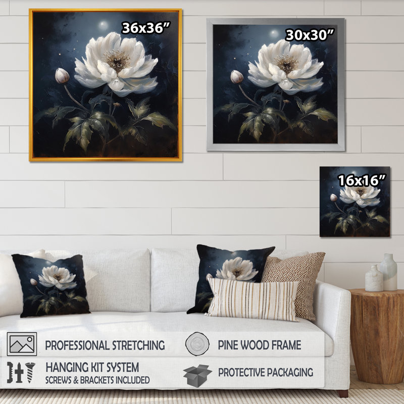 Lune argent foncé foncé fleur blanche, Cadre flottant doré, H 30 po x l 30 po x P 1 po