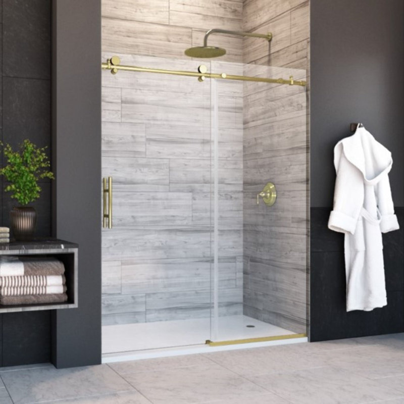 Porte de douche coulissante sans cadre l 48 po x H 76 po Eclipse en or brossé avec verre transparent épais de 3/8 po (10 mm)