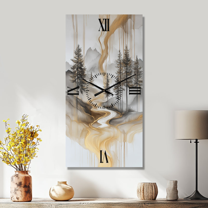 Horloge murale décorative Art Déco Gold Forest and Peaks Solitude Horizon IV, H 32 po x l 16 po - Rectangle