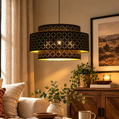 Lustre cylindrique à 3 niveaux avec abat-jour en tissu noir, luminaire suspendu industriel moderne, hauteur réglable, compatible avec les gradateurs pour salle à manger et îlot de cuisine