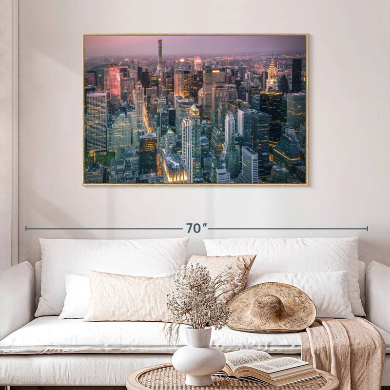 Lumières du paysage urbain de New York, 46 po x 31 po, Cadre flottant en bois naturel