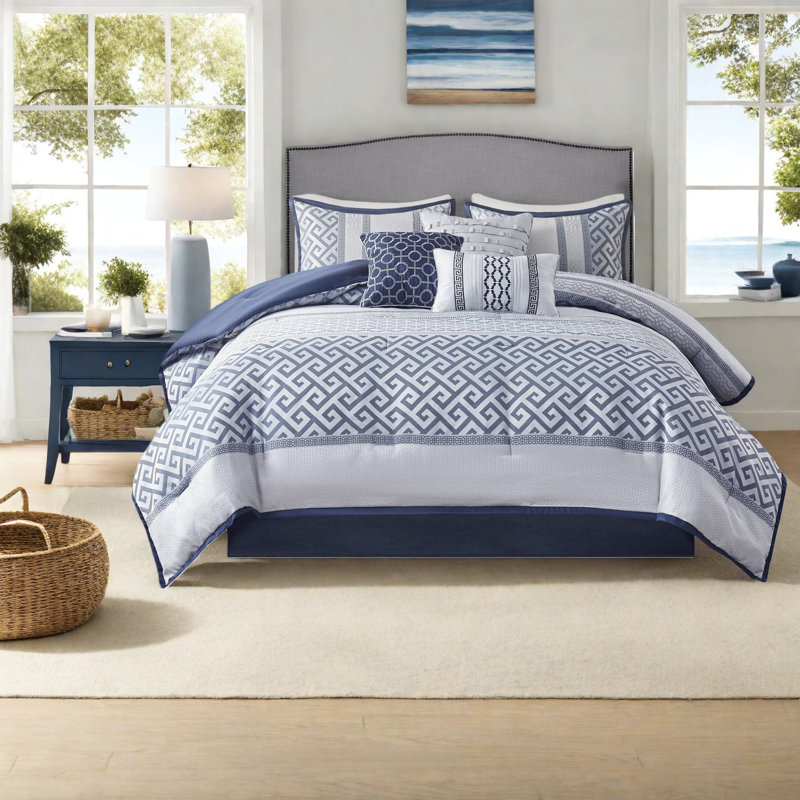 Ensembles de literie en jacquard de luxe 7 pièces, polyester bleu marine pour les chambres élégantes