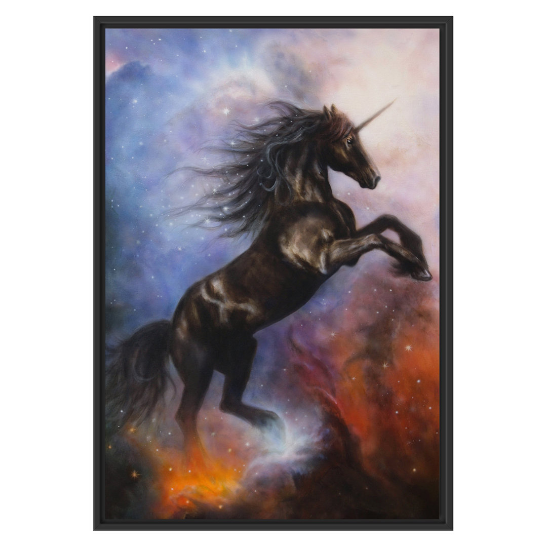 Gerahmtes Wandbild Traumhaftes schwarzes Einhorn