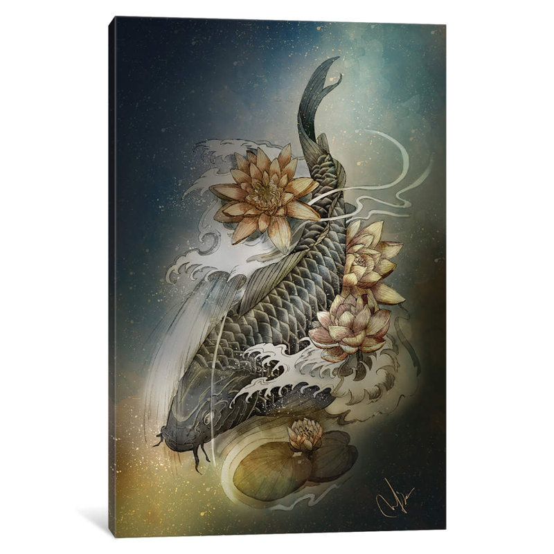 Koi And Lotus by Marine Loup - Wrapped Canvas Giclee Art Print, 101.6 cm H x 66.04 cm W x 3.175 cm D