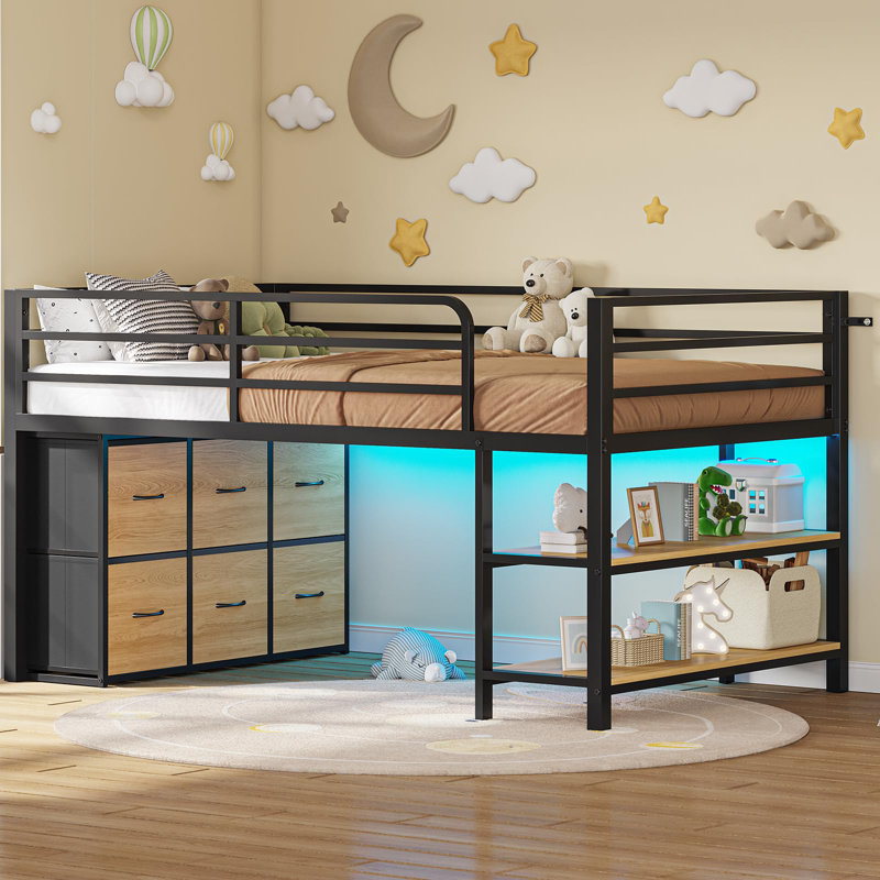Twin Size Loft Bed, with Led Lights & Open Storage Shelves, Black/Natural