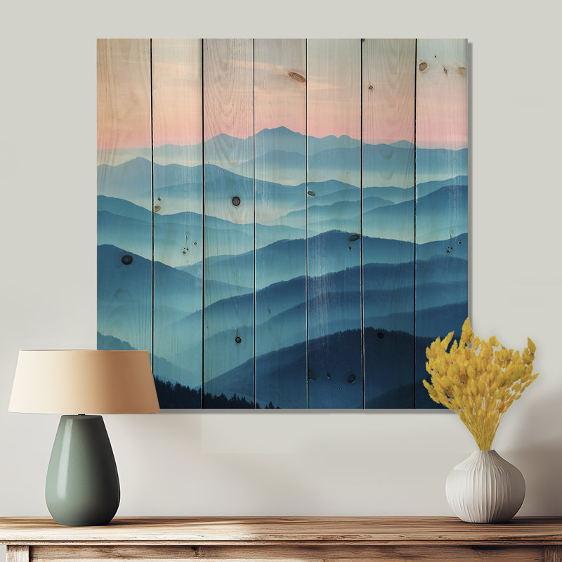 Purple Mountains In The Morning Light II - Landscape Mountains Wood Wall Art - On Natural Pine Wood, 30" H x 30" W x 0.78" D