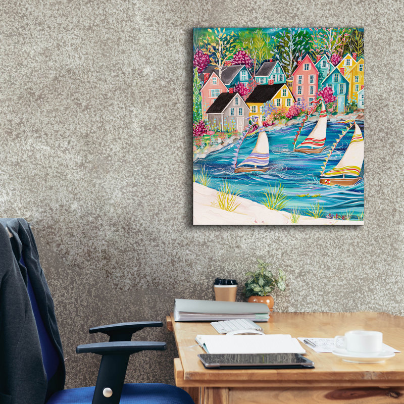 «Coastal Village» par Estelle Grengs, H 30 po x l 26 po x P 1,5 po