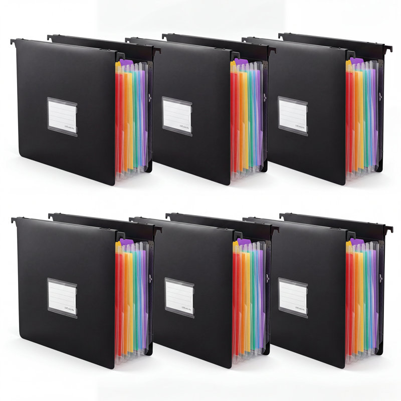 Ensemble de 6 organiseurs de dossiers suspendus A4 à soufflets, 7 pochettes extensibles avec intercalaires de couleur, double mode de rangement (bureau et suspension) pour le télétravail, 20 cm (P) x 33 cm (L) x 27 cm (H)