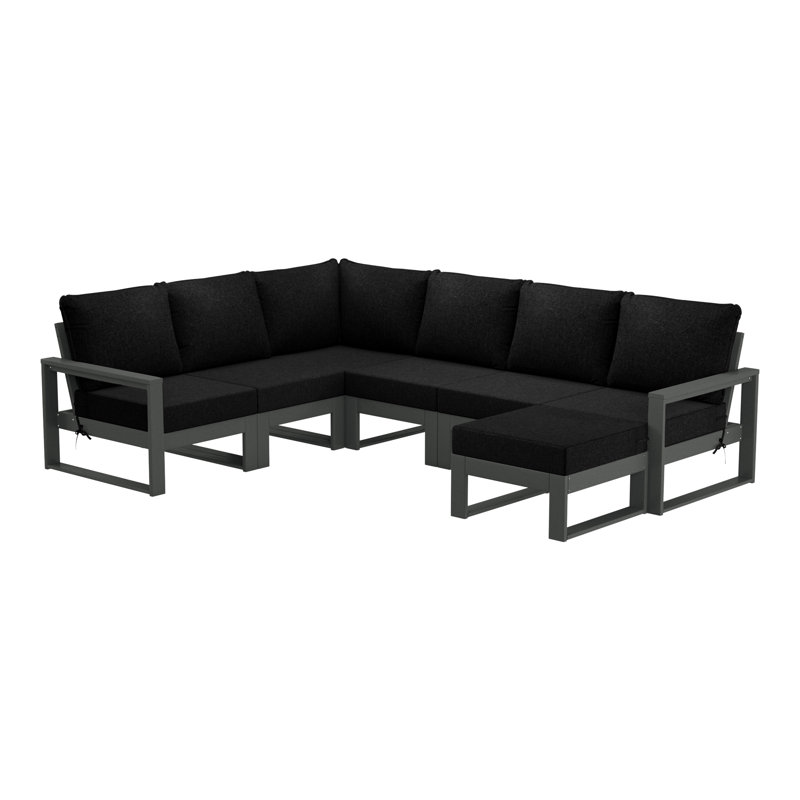 Ensemble de conversation de terrasse avec repose-pieds et cadre 7 pièces, Noir, noir, noir, noir, Gris