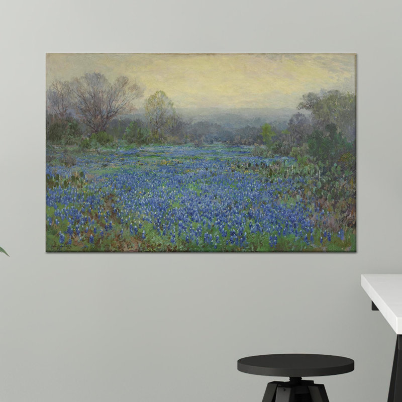 Bluebonnet Fields Coastal Floral Printed Canvas Artwork - Elegant Home Decor,1P GoldFramedCanvas, H: 39.4 x W:63.1 inches