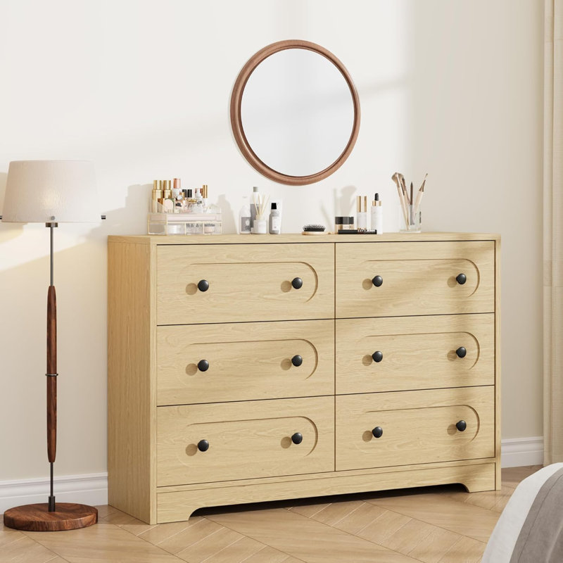 6 Drawer Dresser for Bedroom, 47" Wide Large Dresser with Deep Drawers, Wooden Mid Century Modern Chest of Drawers for Living Room, Entryway, Hallway, Natural