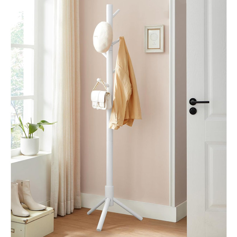 White Solid Wood Freestanding Coat Rack with 8 Hooks
