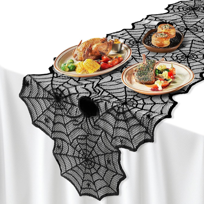 Halloween Decorations Table Runner with Black Lace Spider Web 18 X 72 Inch | Polyester, for Halloween Table Decor Kitchen Table Centerpiece Decorations Party Dinner Supplies