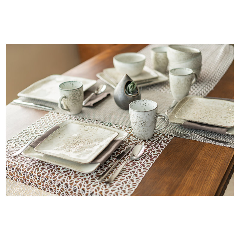 Rustico Cream Glazed Ceramic Square Dinnerware Set, Service for 4