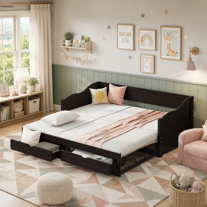 Lit de jour extensible en bois avec lit gigogne et tiroirs de rangement, parfait pour une utilisation polyvalente et peu encombrante