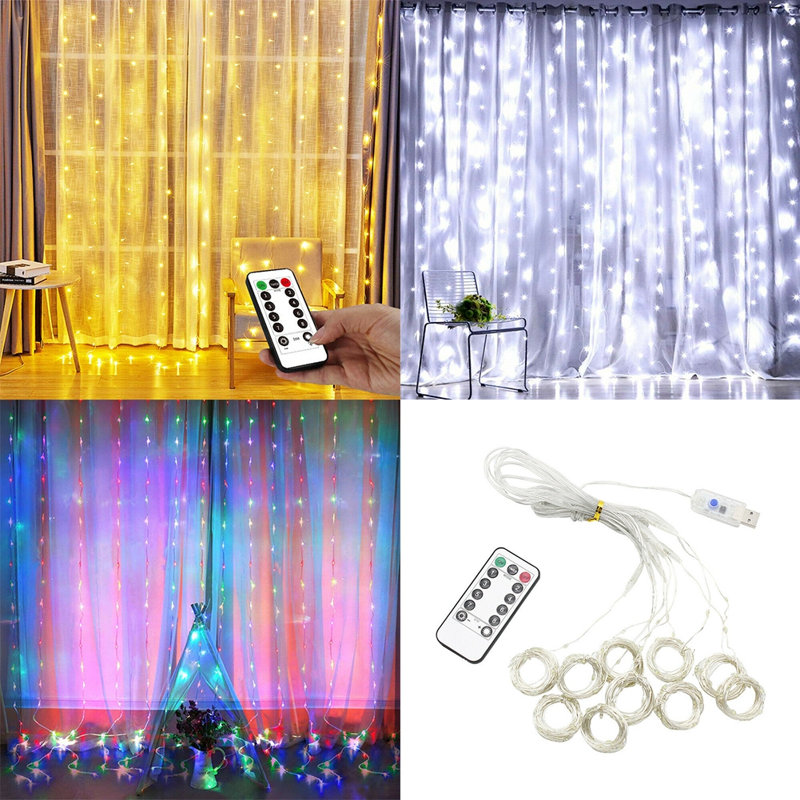 100 lumières de rideau féeriques à DEL, guirlandes de rideaux blanches de 3,28 pi x 9,84 pi, prise USB dans 8 modes d'éclairage, décoration de Noël, lumières suspendues avec télécommande pour chambre à coucher