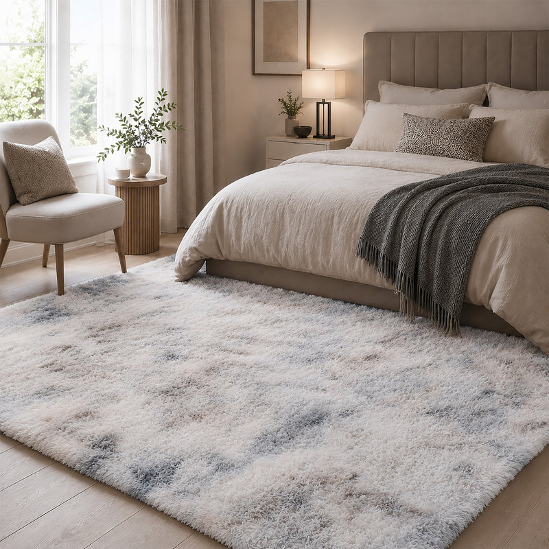 Luxury Plush Shaggy Area Rug & Runner, Soft Deep-Pile Non-Slip Living Room Carpet, Rectangle 120 x 170 cm, Tye Dye Light Grey