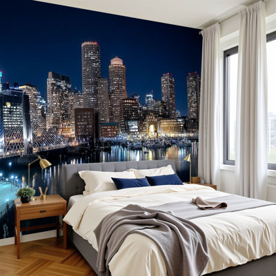 Papier peint adhésif auto-adhésif Boston City vibrant paysage urbain H 100 po x l 144 po, papier peint amovible en PVC, peintures murales autocollantes, décoration pour le salon de la chambre à coucher