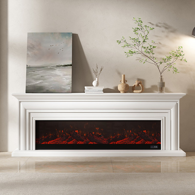 White Solid + Manufactured Wood Freestanding TV Cabinet Fireplace, 27.56" H x 78.74" W x 12.99" D, White