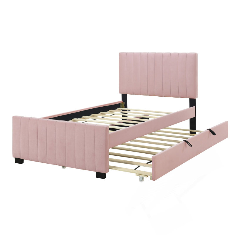 Modern Velvet Upholstered Platform Bed with Trundle, Pink