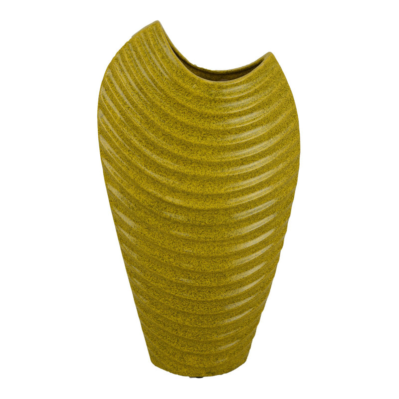 Vase décoratif Kathy avec rebord courbé sculpté, céramique nervurée jaune 20 pouces
