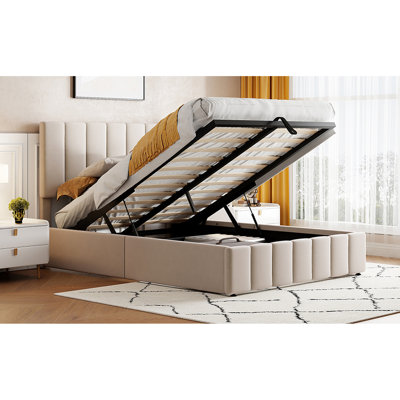 Upholstered Platform Bed In Beige With Ample Storage Solution Space